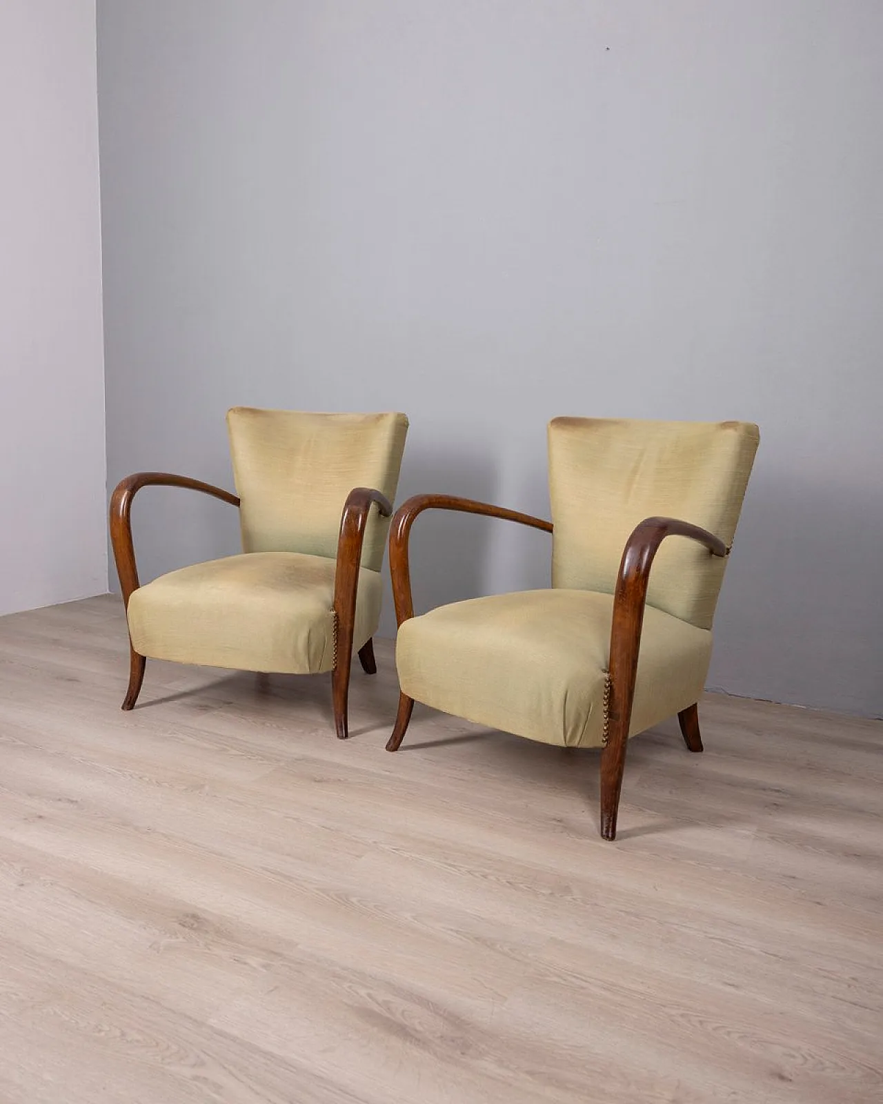 Coppia di poltrone in legno e tessuto, anni '50 2