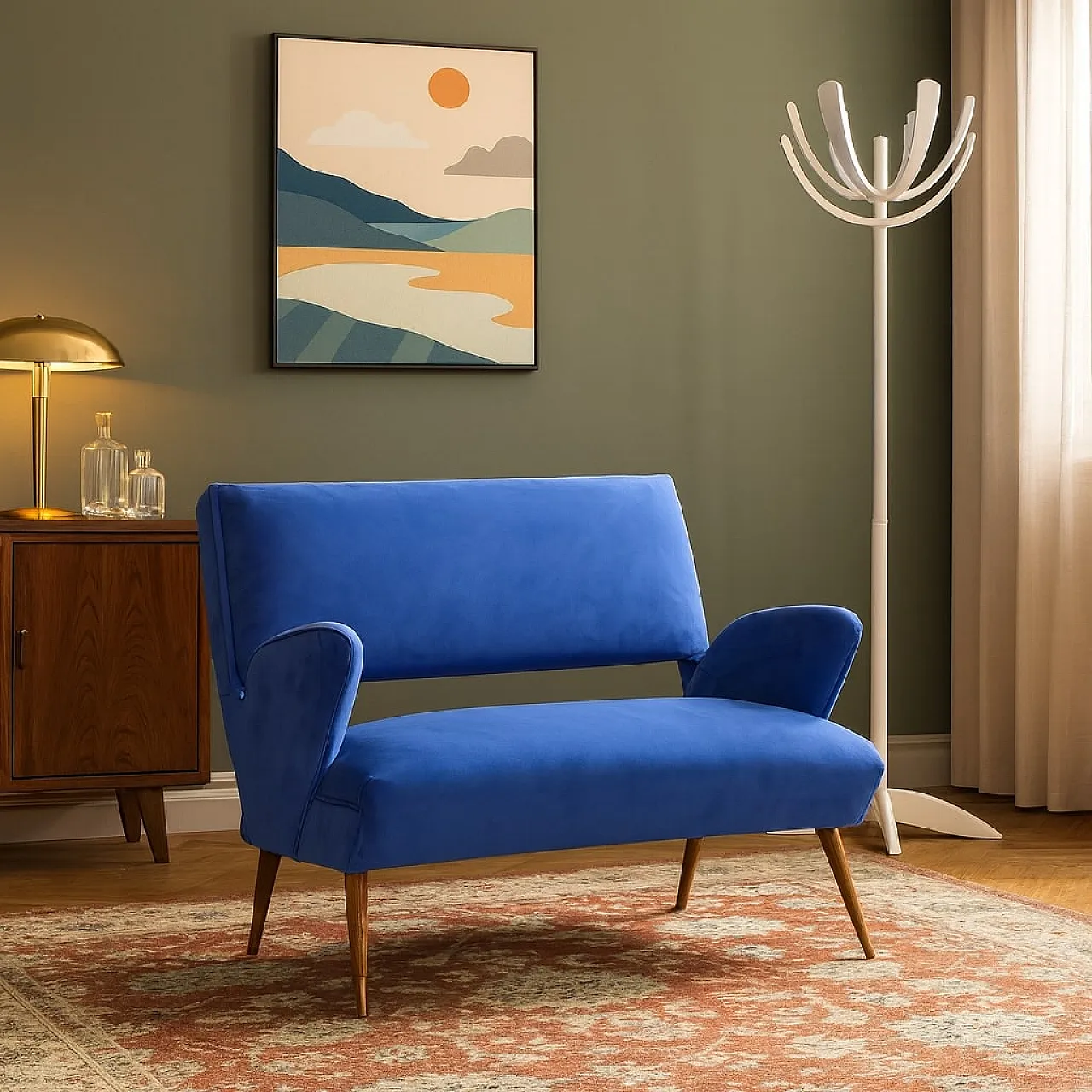 Divano a due posti in velluto con braccioli, '900 2