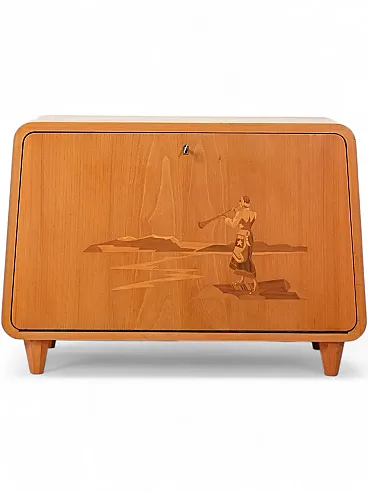 Cabinet scandinavo in olmo intarsiato, anni '40