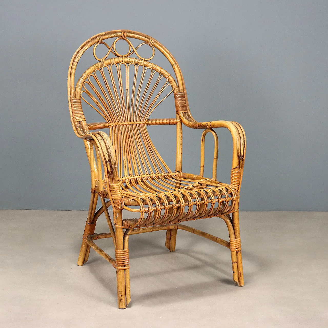 Chair with armrests and high backrest in bamboo, 20th century 1