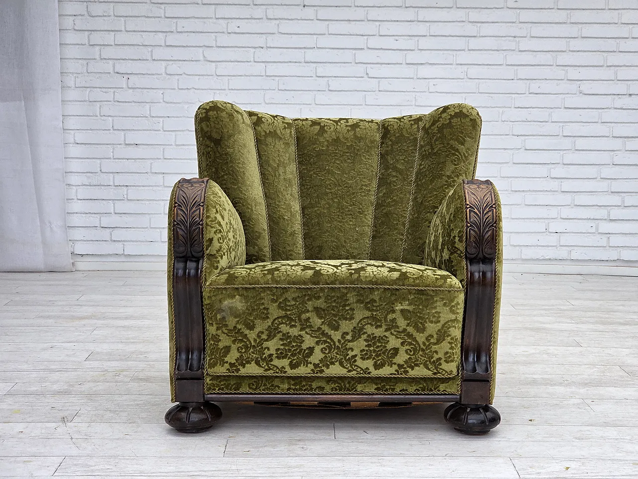 Danish relax chair, velour, oak wood, 1950s 6