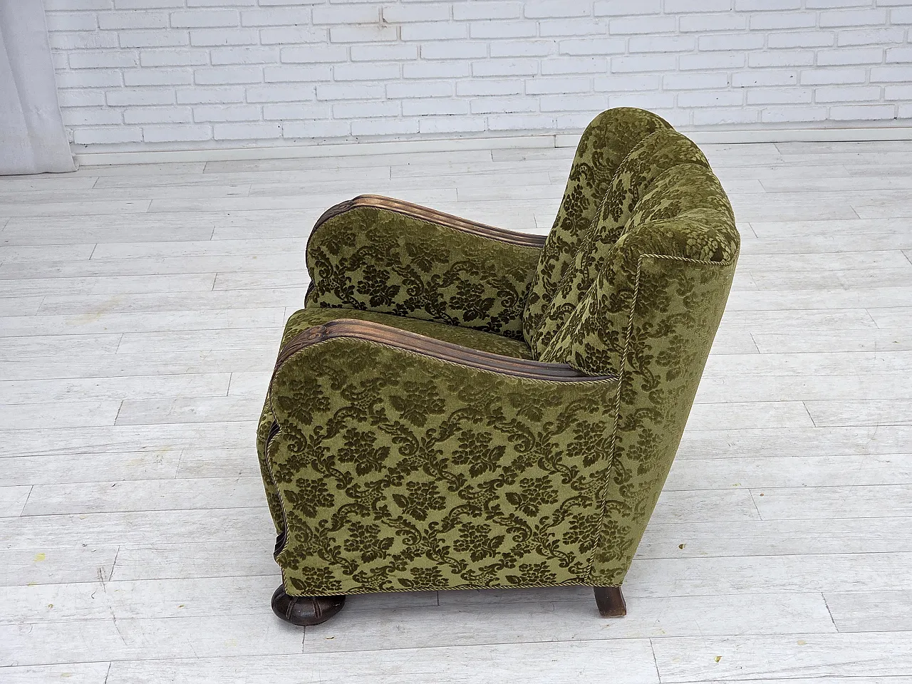 Danish relax chair, velour, oak wood, 1950s 15