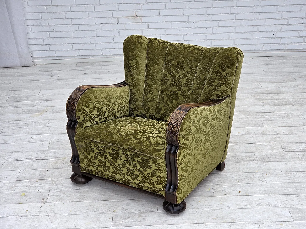 Danish relax chair, velour, oak wood, 1950s 16