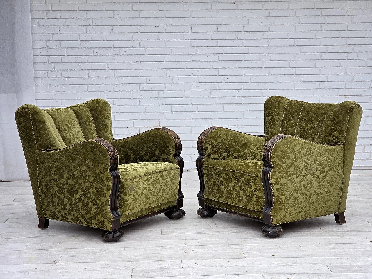 Danish relax chair, velour, oak wood, 1950s 19
