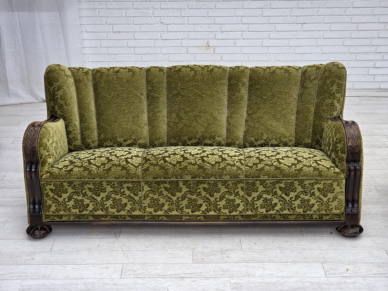 Danish 3-seater sofa, velour, carved oak wood, 1960s 1