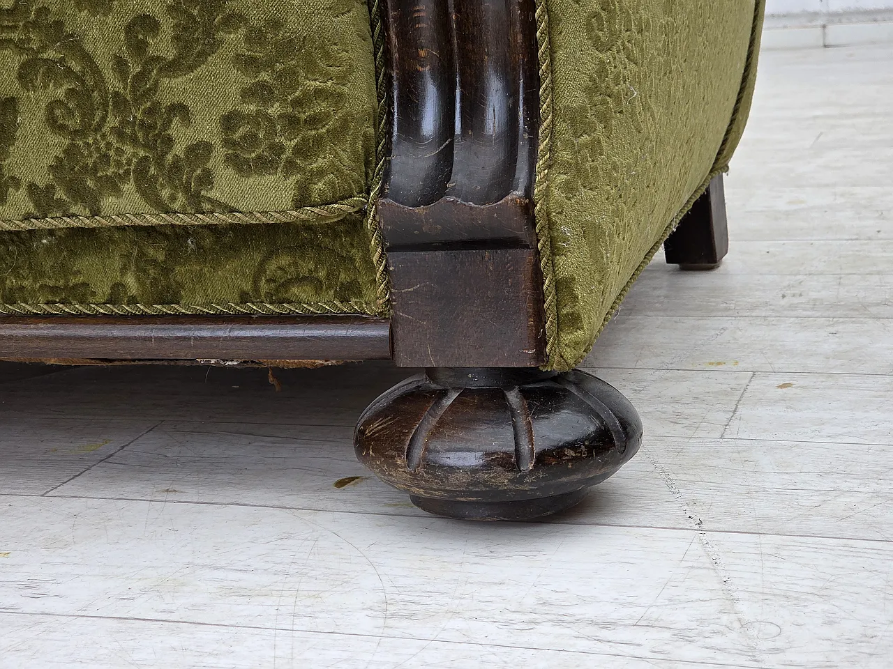 Danish 3-seater sofa, velour, carved oak wood, 1960s 3