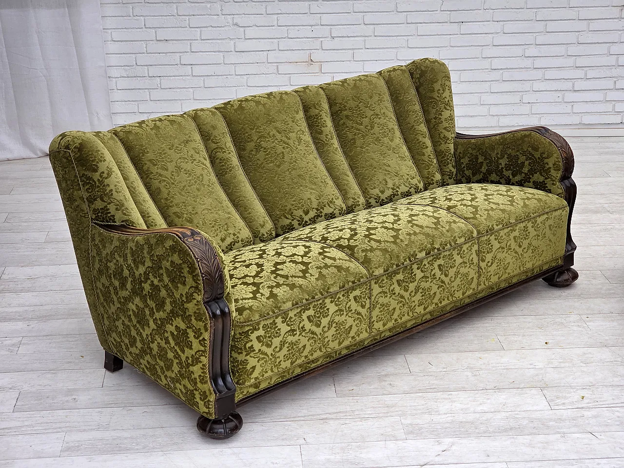Danish 3-seater sofa, velour, carved oak wood, 1960s 5