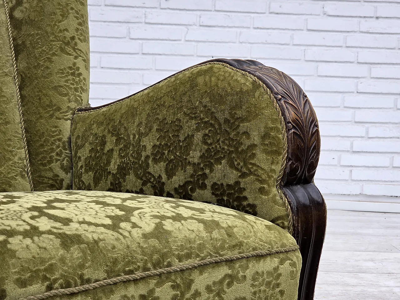 Danish 3-seater sofa, velour, carved oak wood, 1960s 6