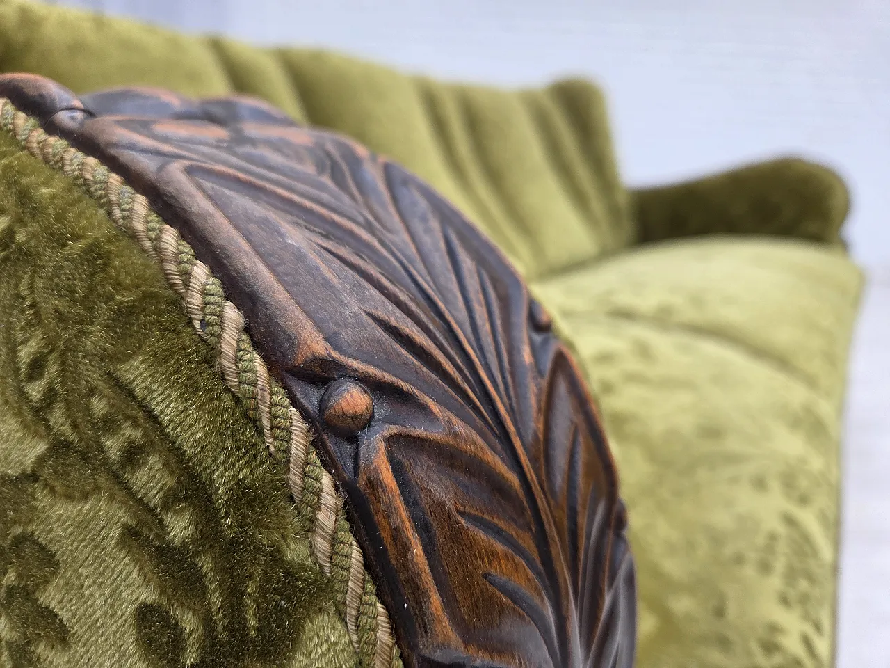 Danish 3-seater sofa, velour, carved oak wood, 1960s 9