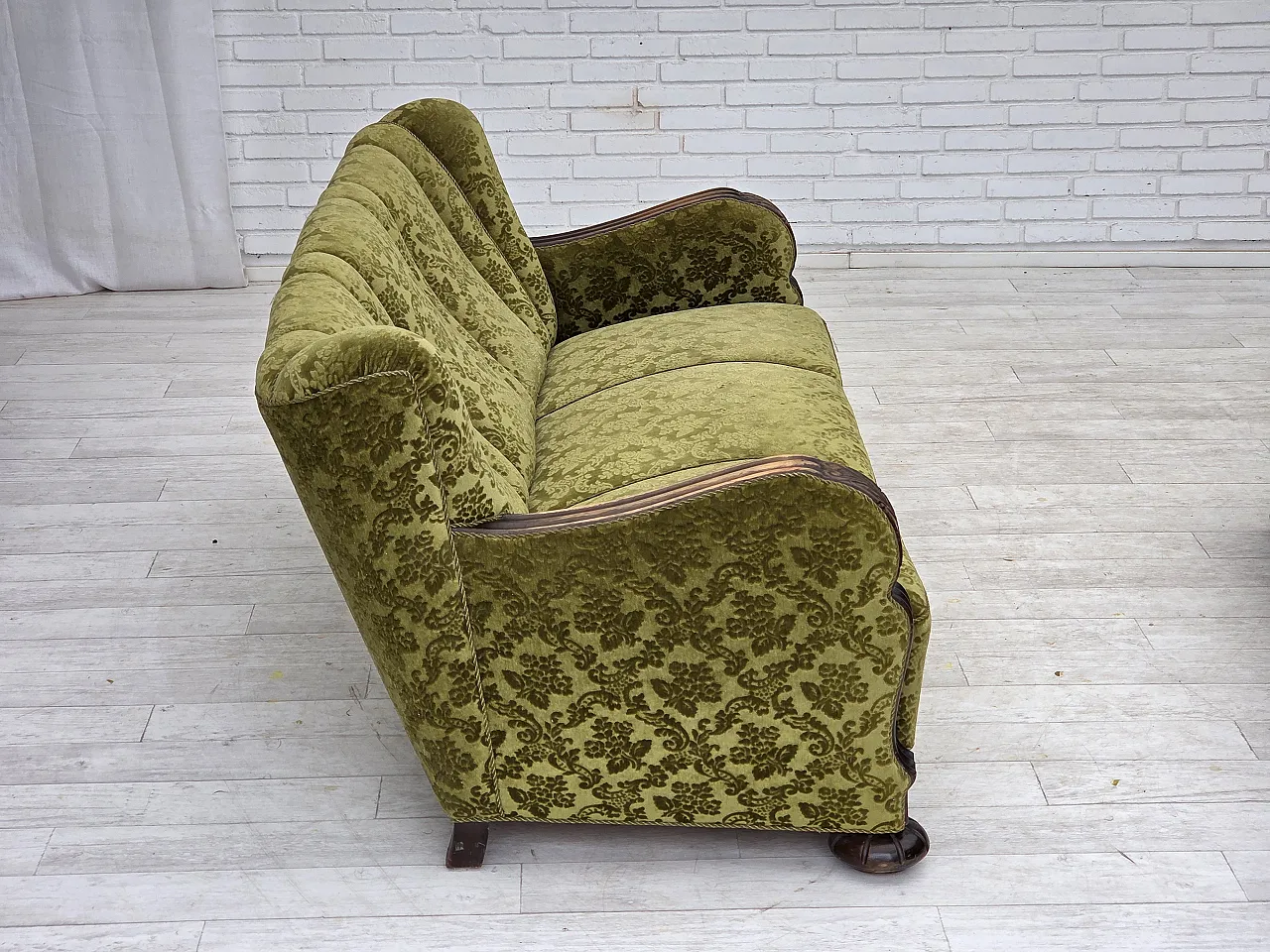 Danish 3-seater sofa, velour, carved oak wood, 1960s 11