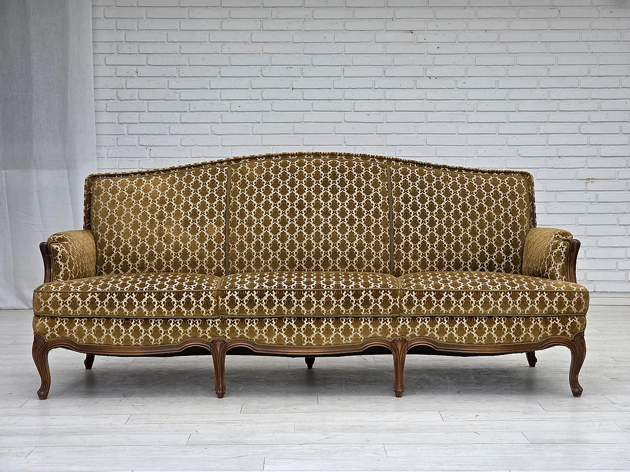 Danish 3-seater sofa, velour, carved ash wood, 1950s 1