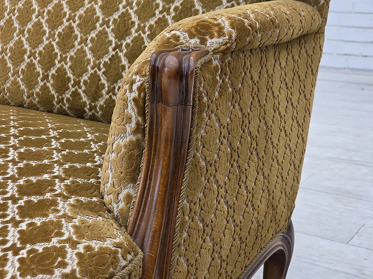 Danish 3-seater sofa, velour, carved ash wood, 1950s 3