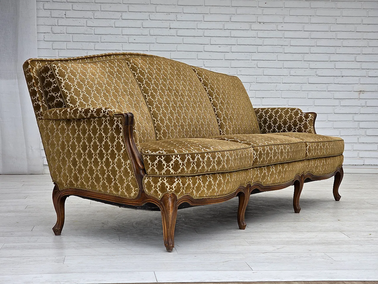 Danish 3-seater sofa, velour, carved ash wood, 1950s 5