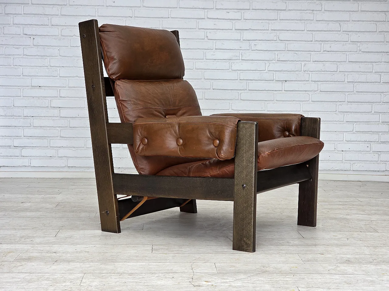 Scandinavian armchair, leather, canvas, oak wood, 1970s 1