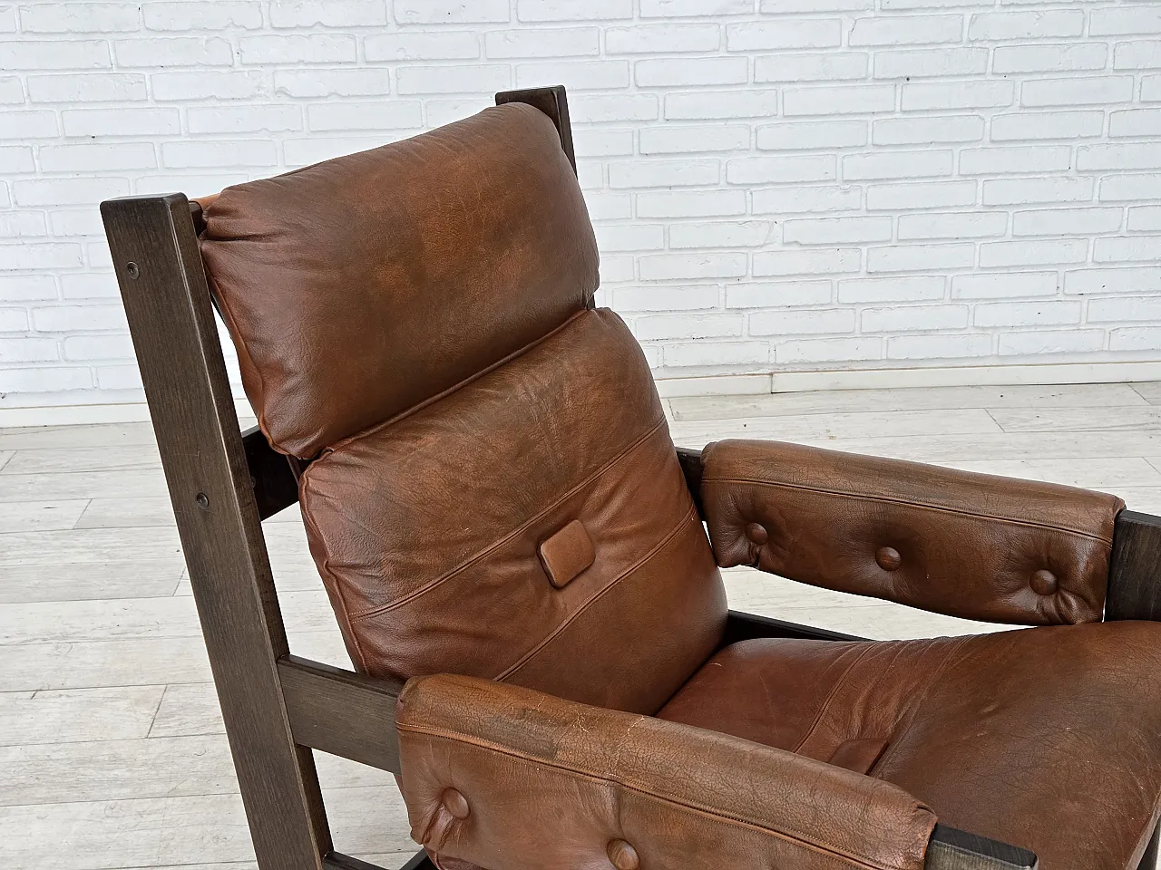 Scandinavian armchair, leather, canvas, oak wood, 1970s 3