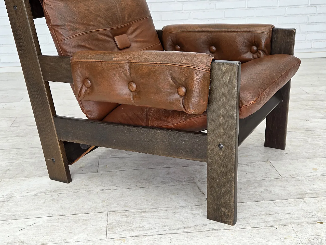 Scandinavian armchair, leather, canvas, oak wood, 1970s 4