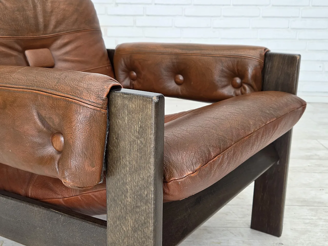 Scandinavian armchair, leather, canvas, oak wood, 1970s 6