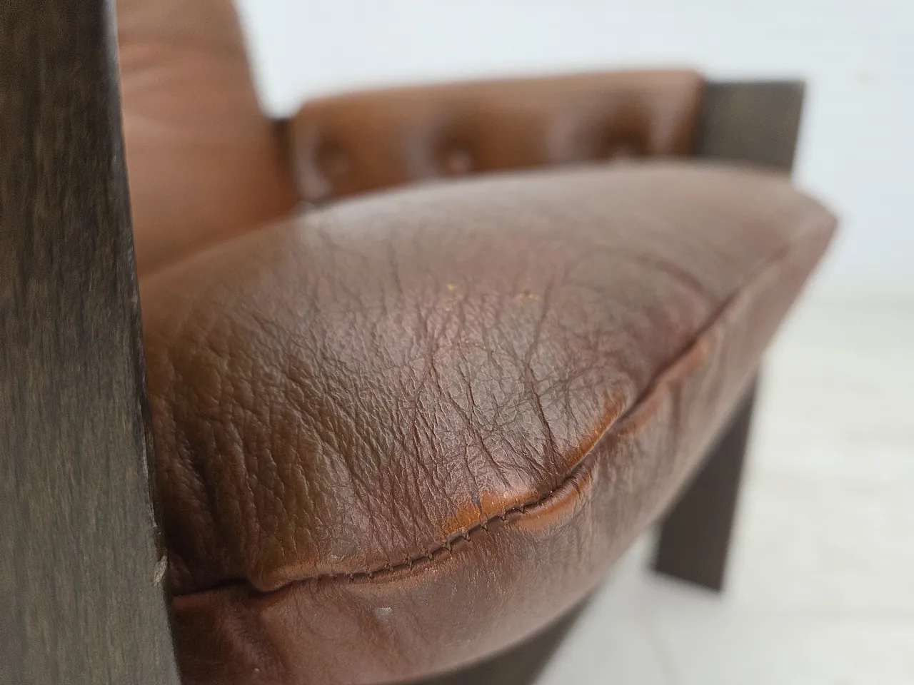 Scandinavian armchair, leather, canvas, oak wood, 1970s 7