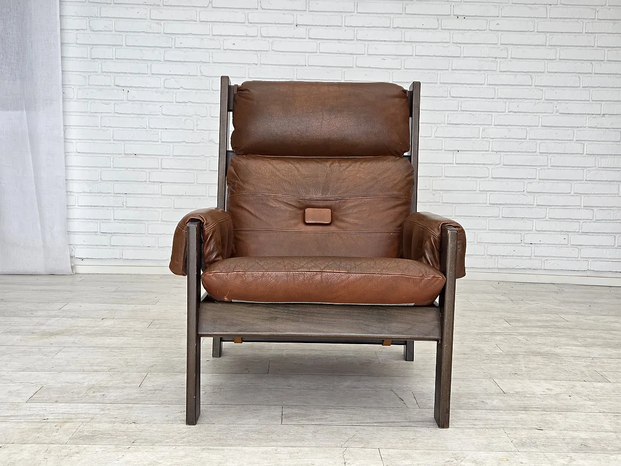 Scandinavian armchair, leather, canvas, oak wood, 1970s 8