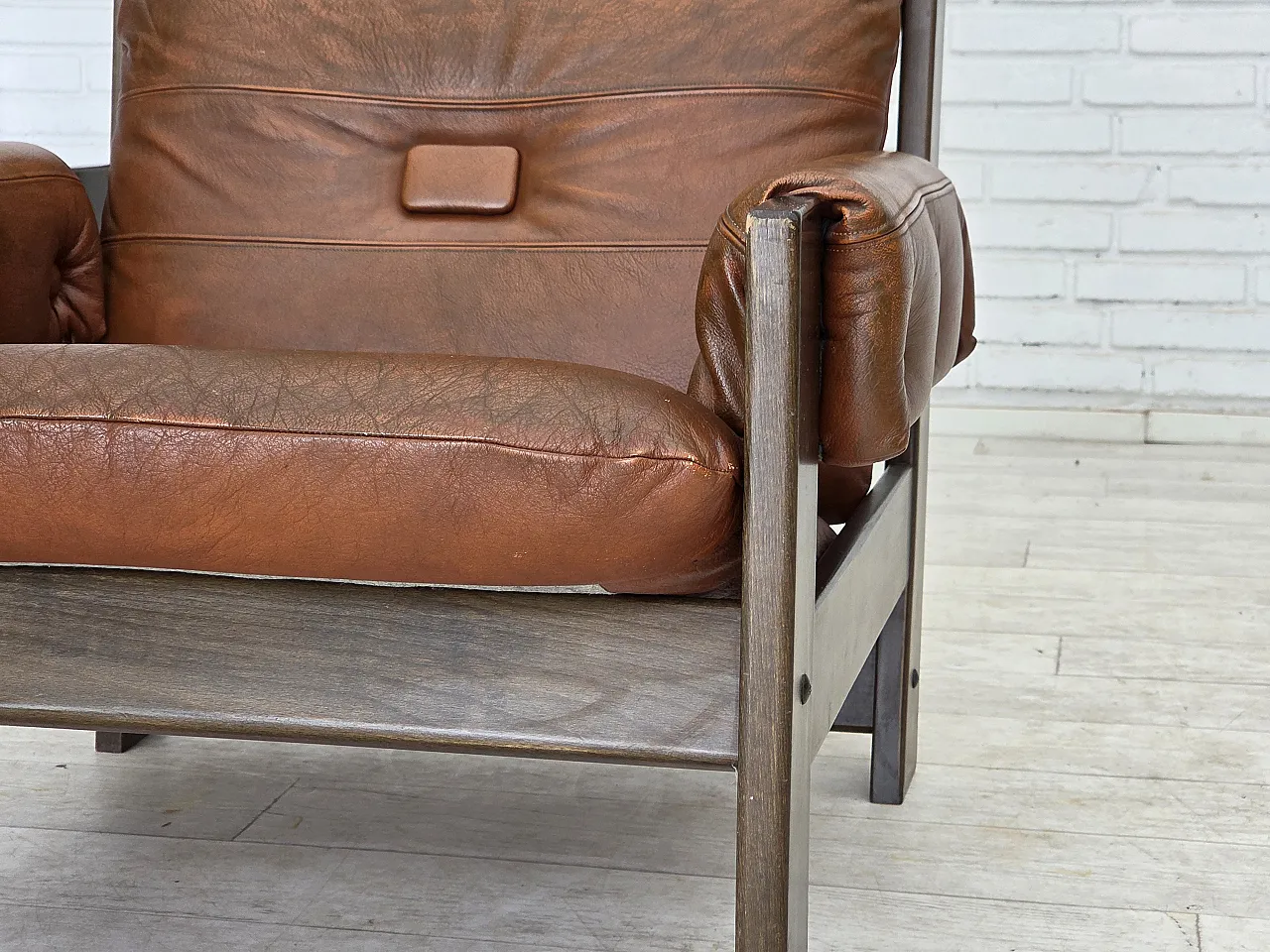 Scandinavian armchair, leather, canvas, oak wood, 1970s 9