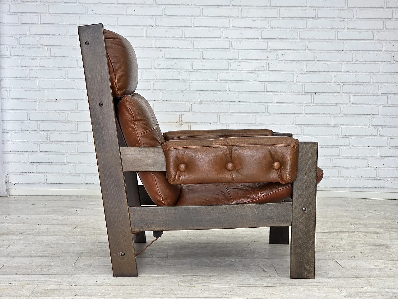 Scandinavian armchair, leather, canvas, oak wood, 1970s 10