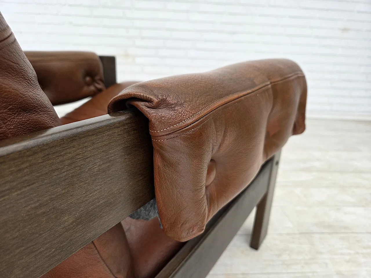 Scandinavian armchair, leather, canvas, oak wood, 1970s 15