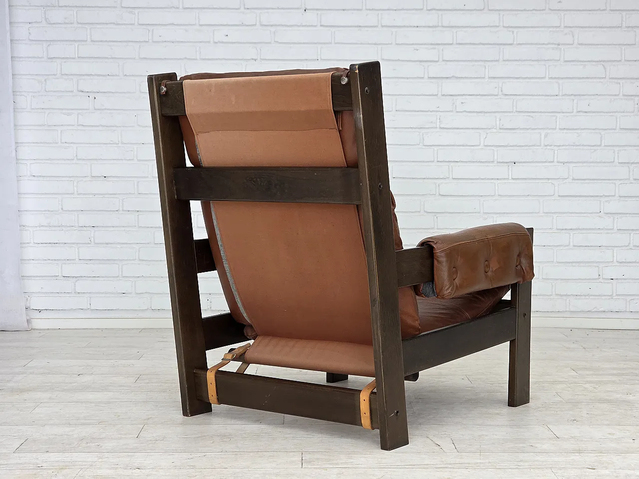 Scandinavian armchair, leather, canvas, oak wood, 1970s 16