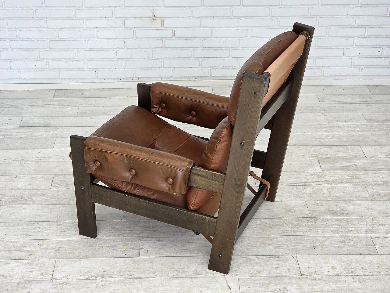Scandinavian armchair, leather, canvas, oak wood, 1970s 18