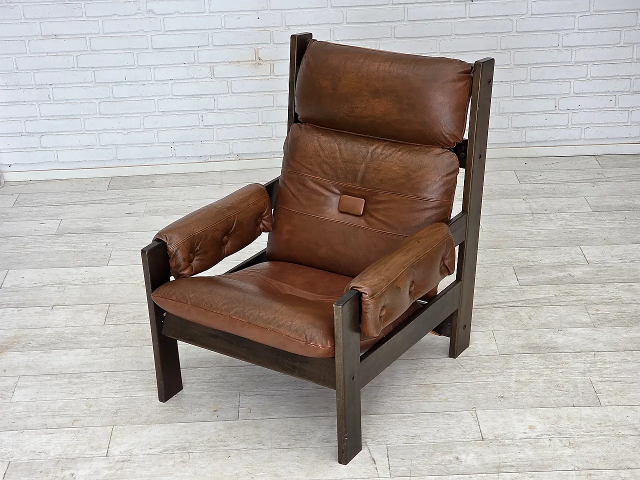 Scandinavian armchair, leather, canvas, oak wood, 1970s 21
