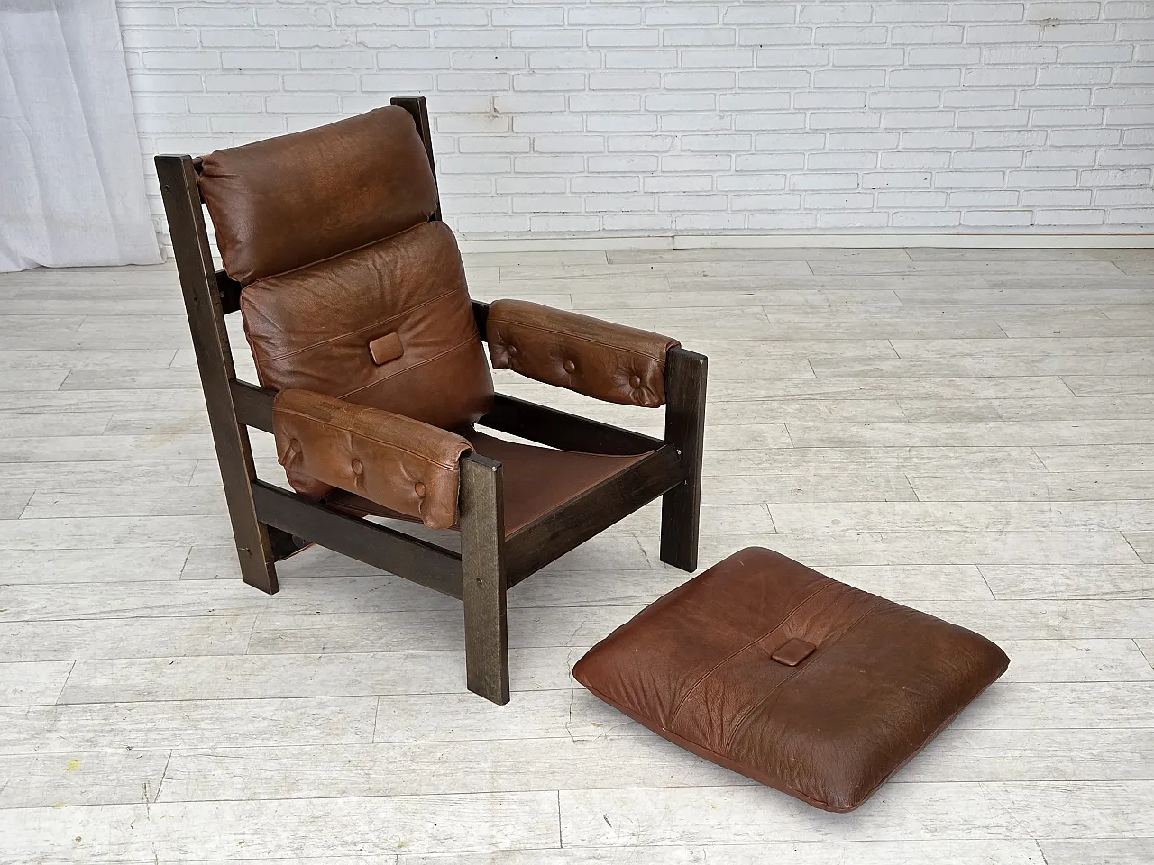 Scandinavian armchair, leather, canvas, oak wood, 1970s 24