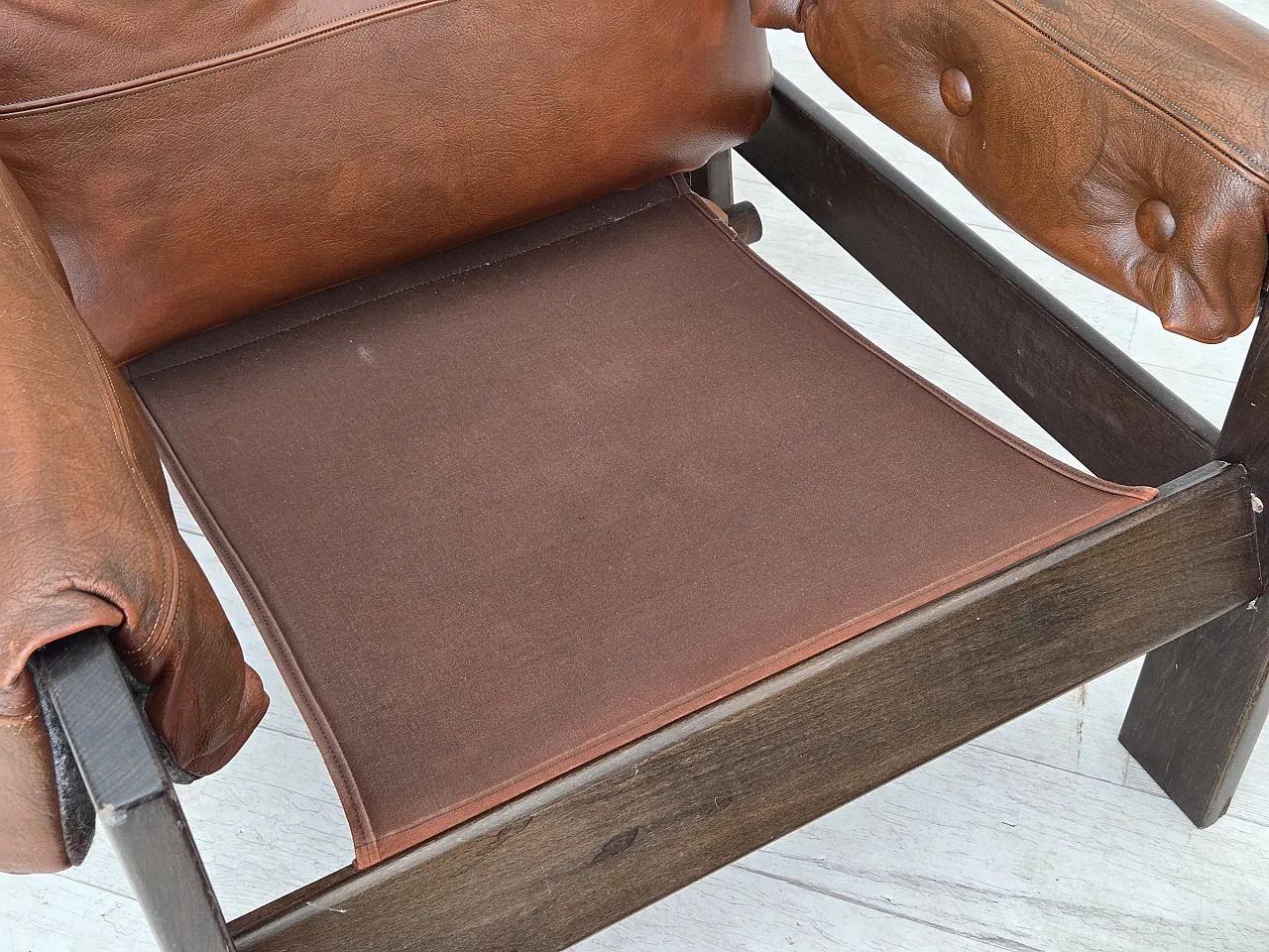 Scandinavian armchair, leather, canvas, oak wood, 1970s 25