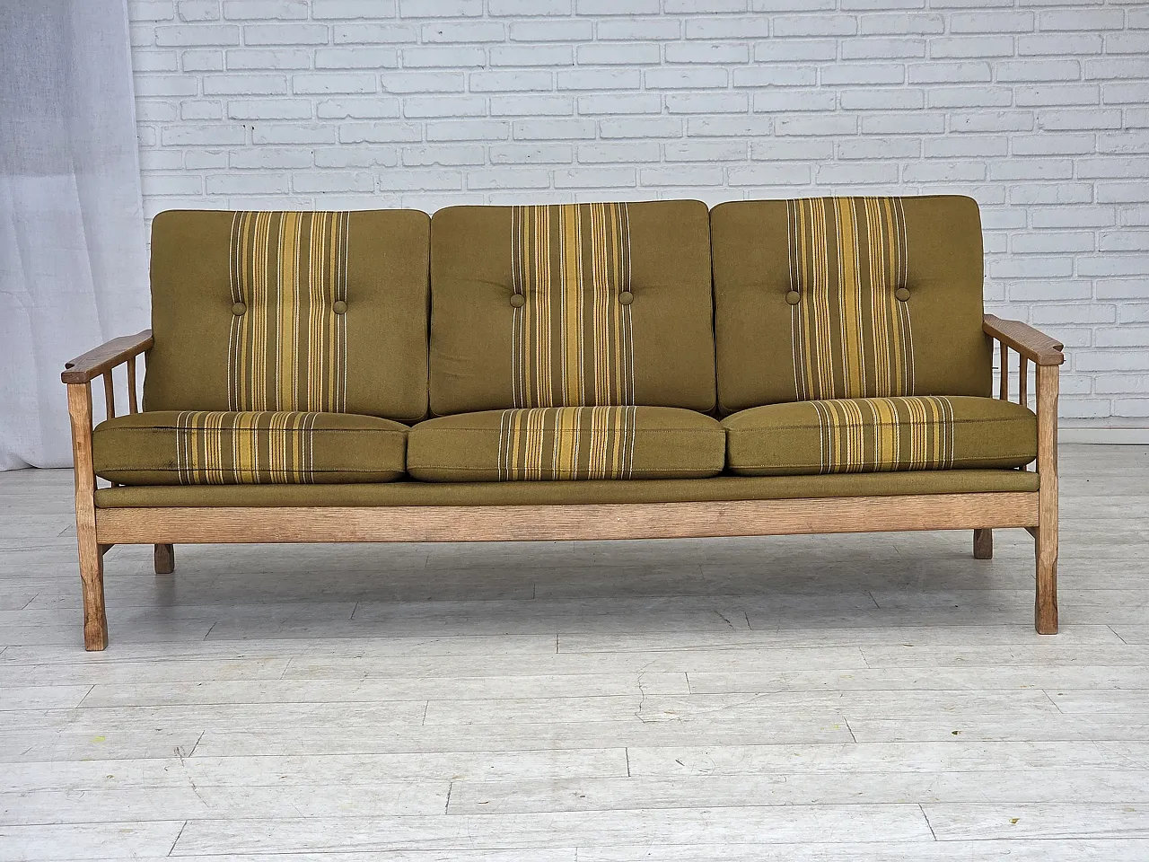 Danish 3-seater sofa, wool, solid oak wood, 1970s 1