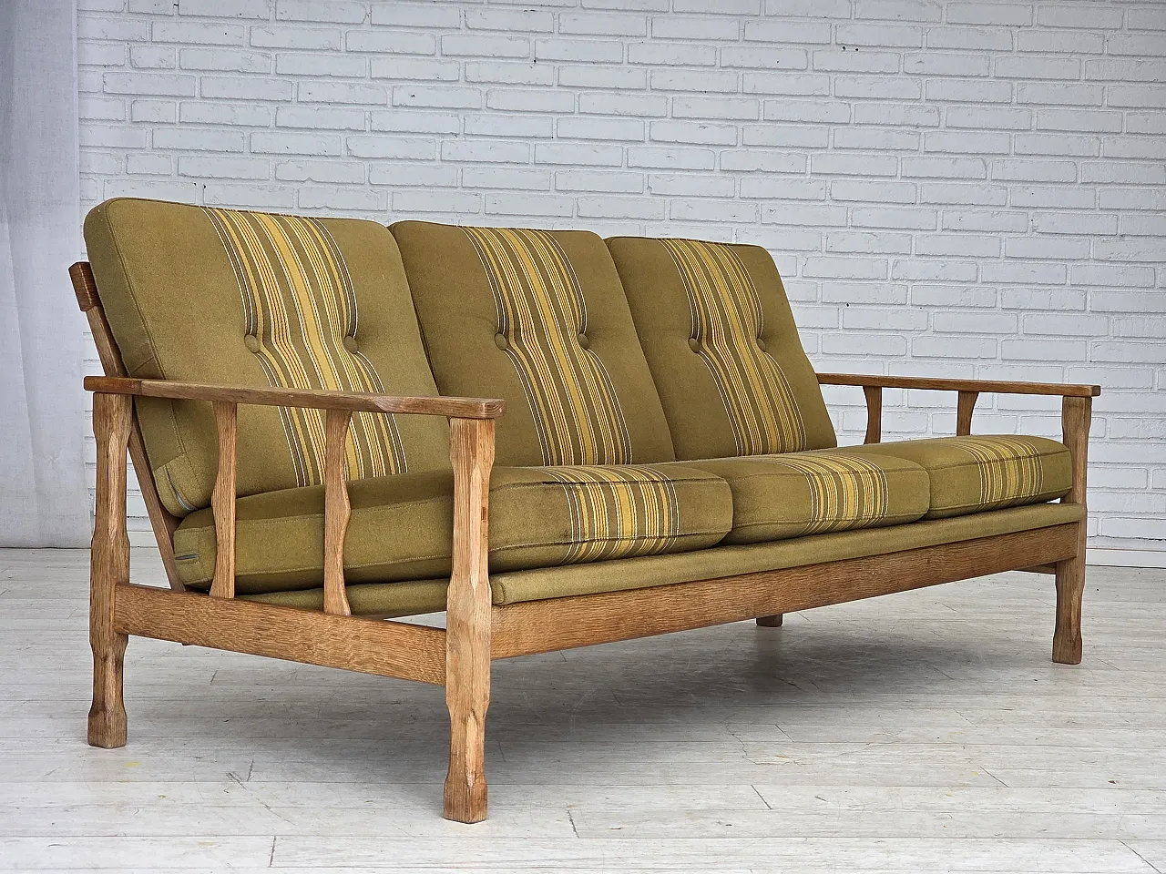 Danish 3-seater sofa, wool, solid oak wood, 1970s 4