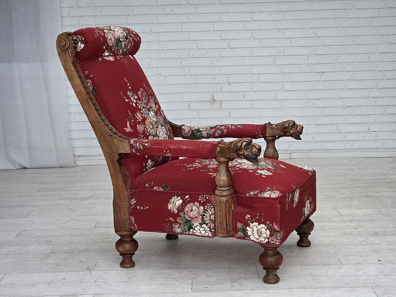Danish armchair, cotton fabric, carved oak wood, 30s 1