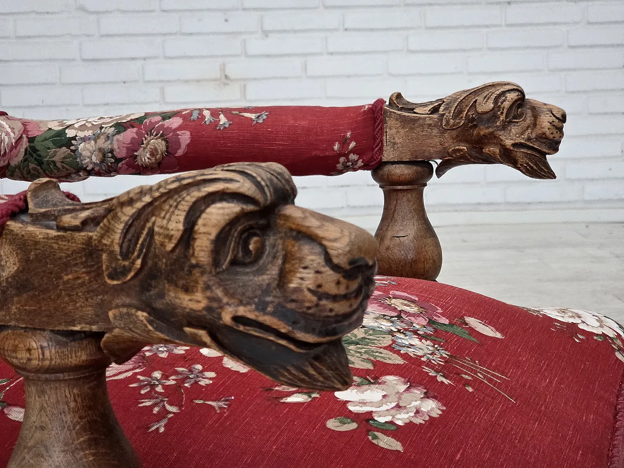 Danish armchair, cotton fabric, carved oak wood, 30s 2