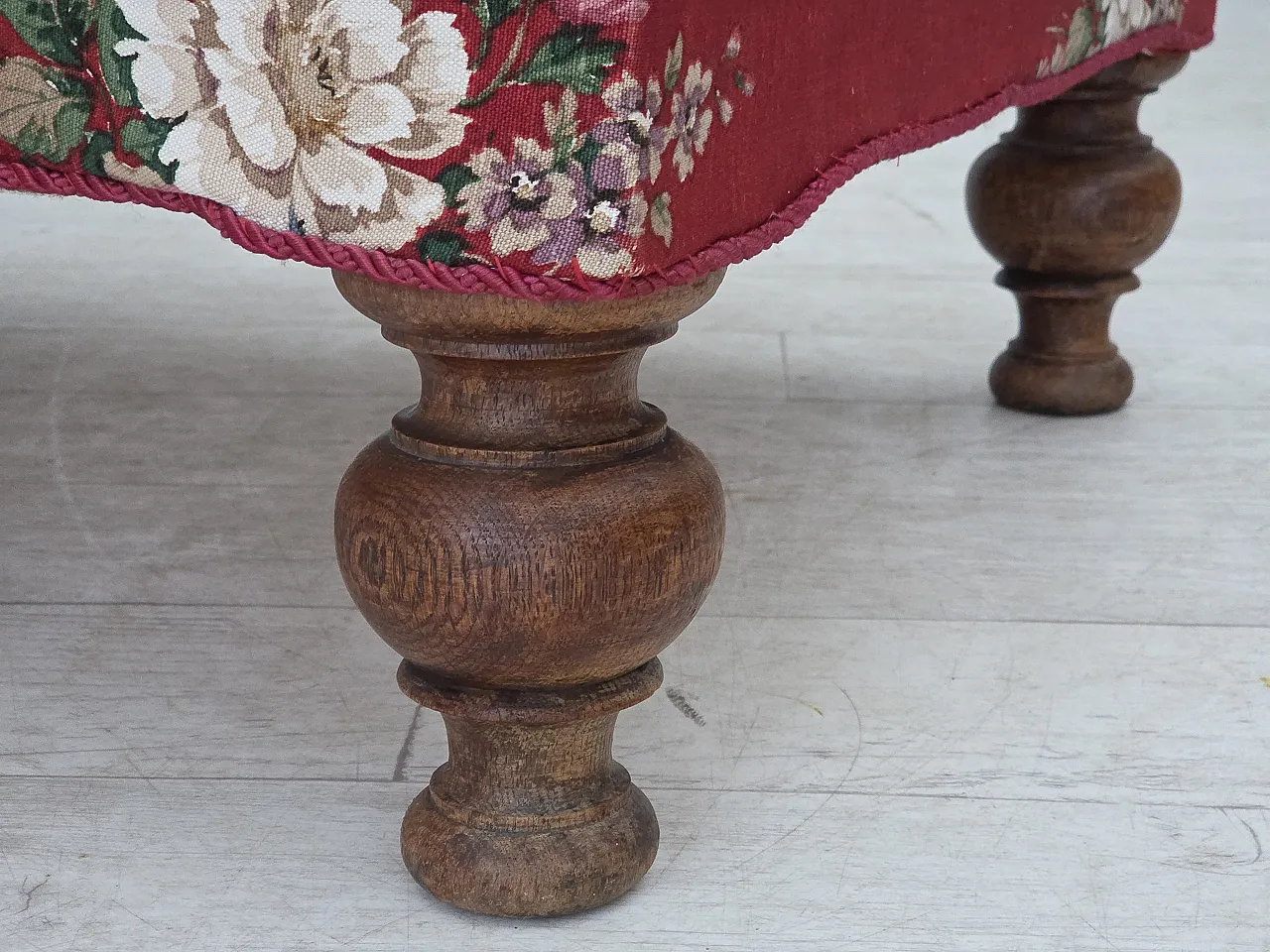 Danish armchair, cotton fabric, carved oak wood, 30s 3