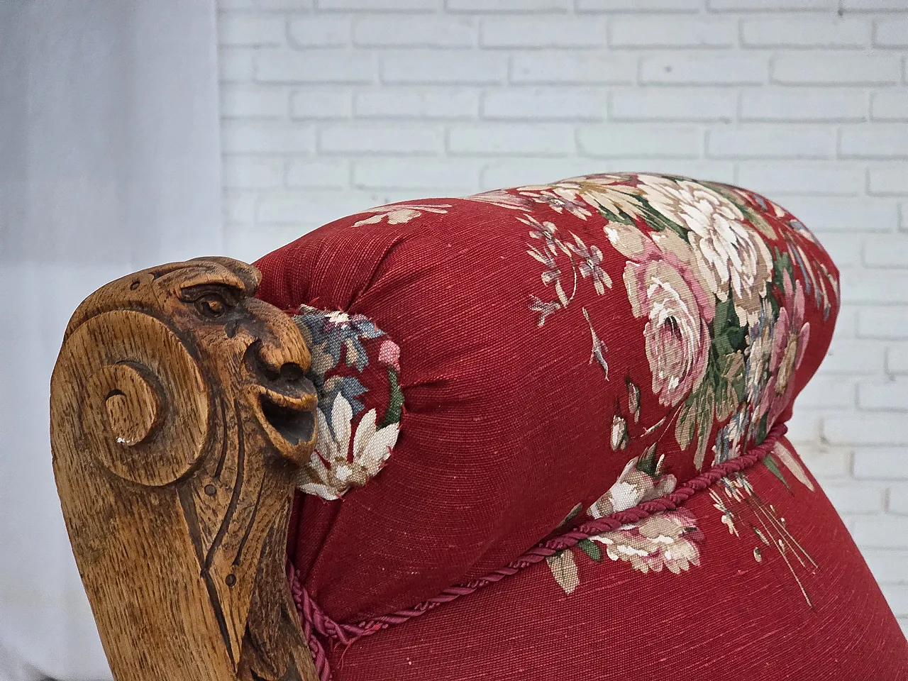 Danish armchair, cotton fabric, carved oak wood, 30s 4