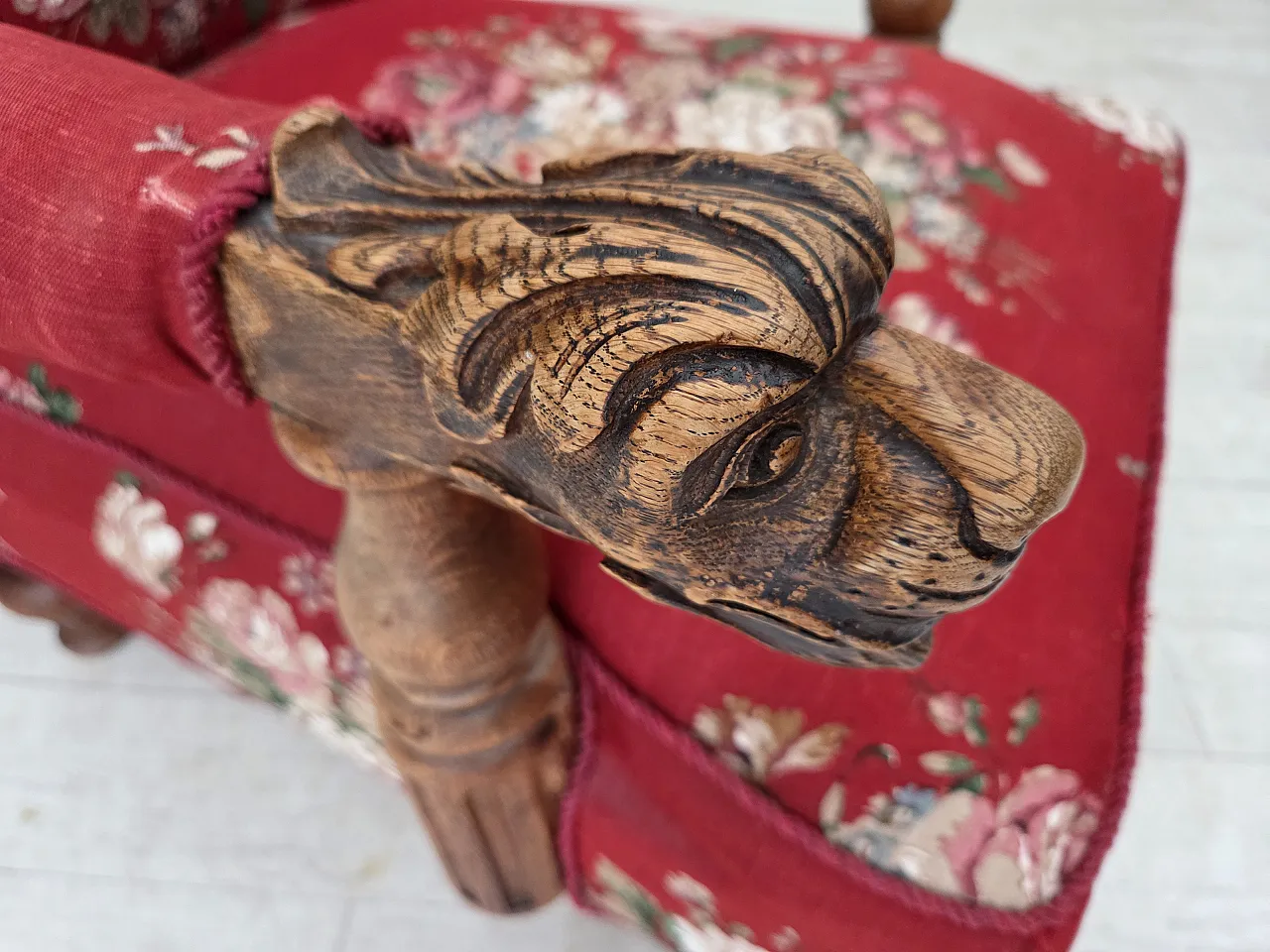 Danish armchair, cotton fabric, carved oak wood, 30s 5