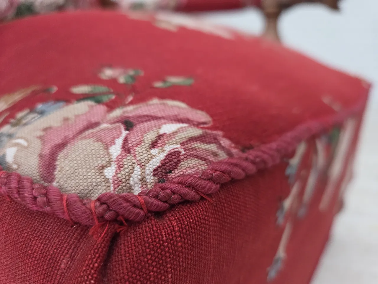 Danish armchair, cotton fabric, carved oak wood, 30s 6