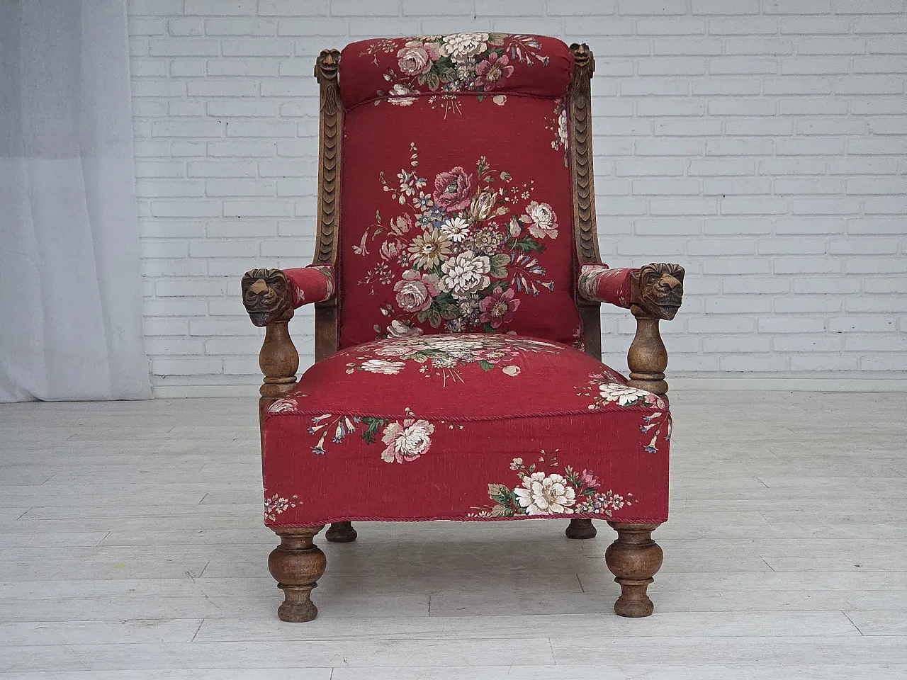 Danish armchair, cotton fabric, carved oak wood, 30s 7