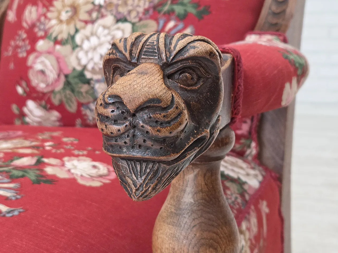 Danish armchair, cotton fabric, carved oak wood, 30s 8