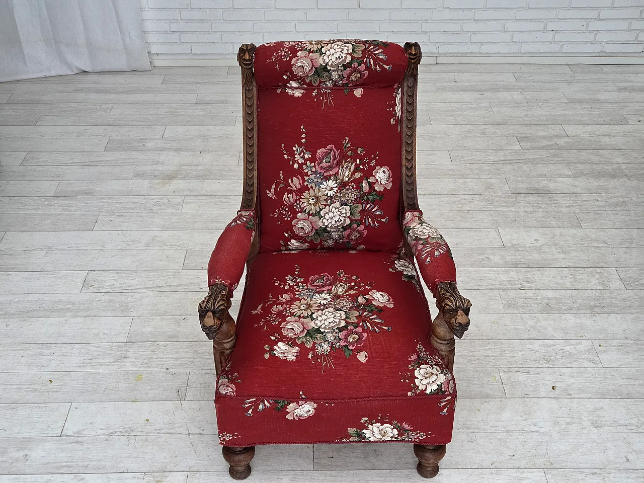 Danish armchair, cotton fabric, carved oak wood, 30s 9