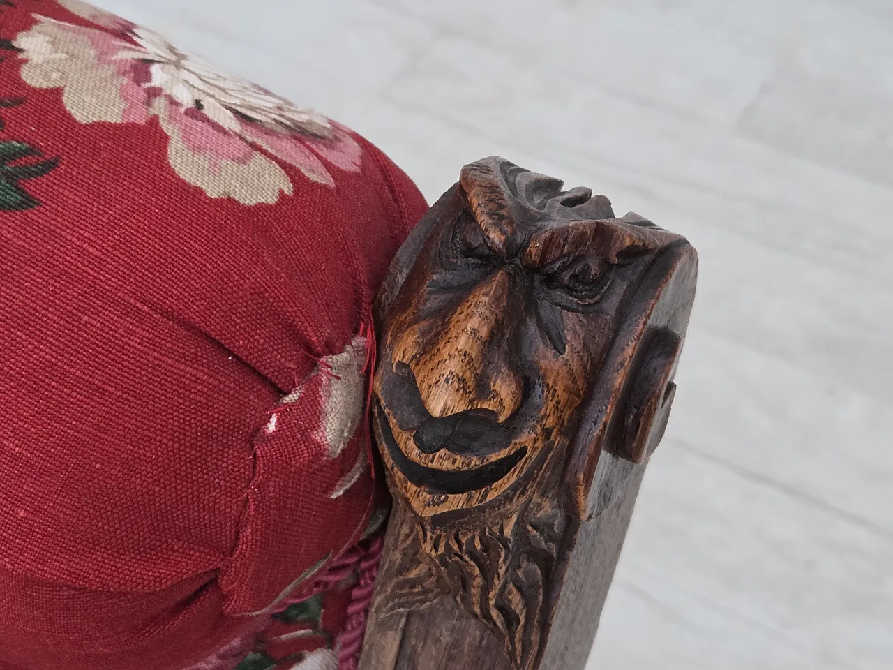 Danish armchair, cotton fabric, carved oak wood, 30s 10