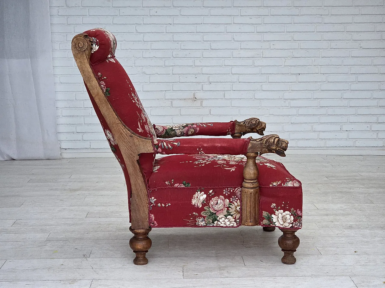 Danish armchair, cotton fabric, carved oak wood, 30s 11