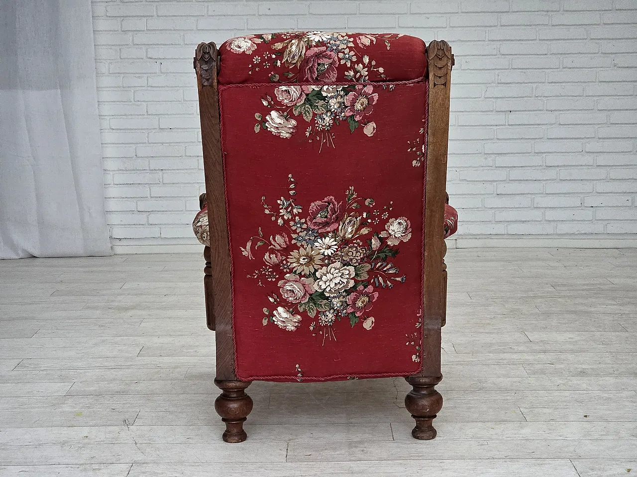 Danish armchair, cotton fabric, carved oak wood, 30s 13