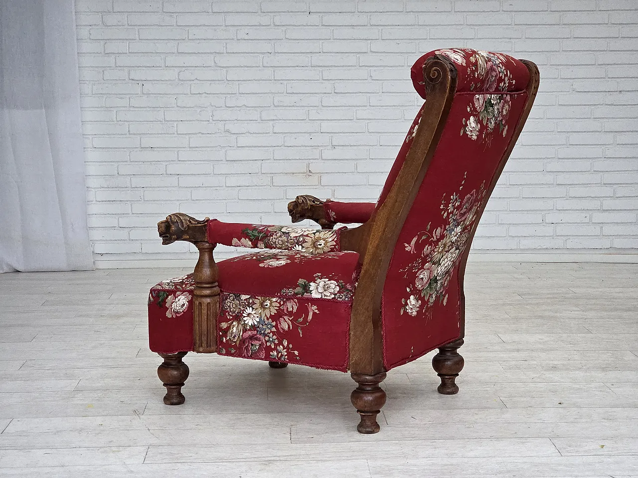 Danish armchair, cotton fabric, carved oak wood, 30s 14