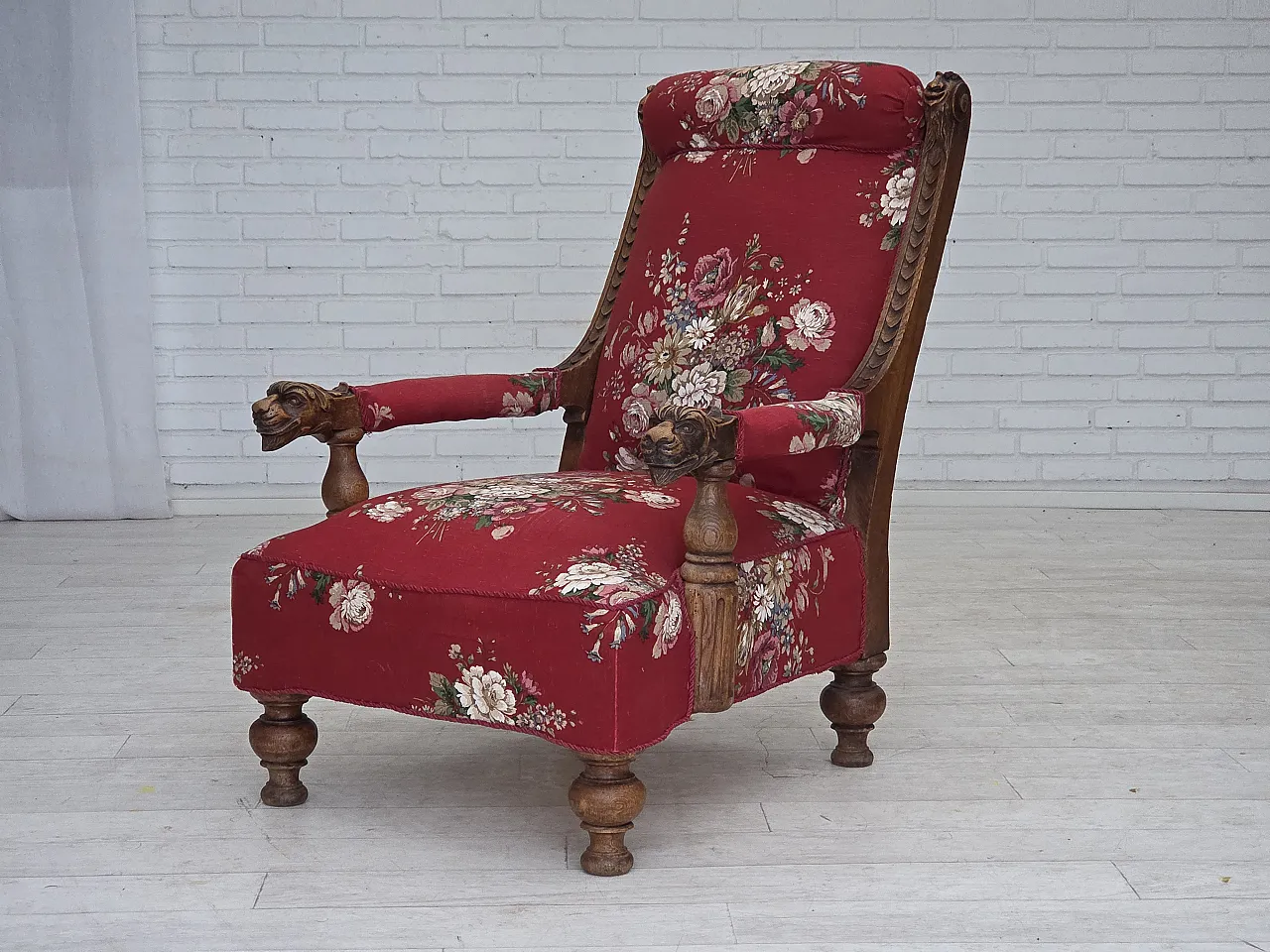 Danish armchair, cotton fabric, carved oak wood, 30s 16
