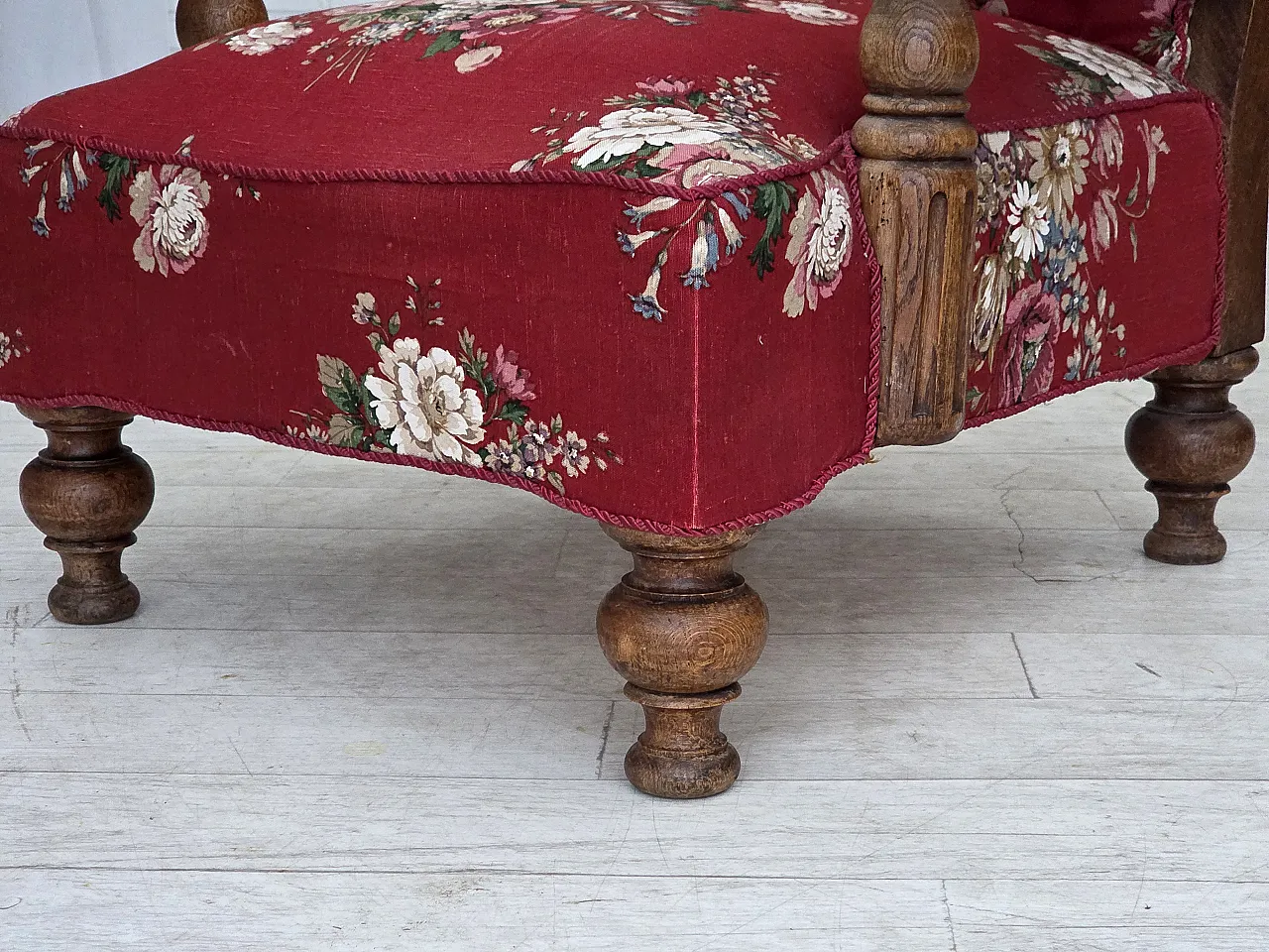 Danish armchair, cotton fabric, carved oak wood, 30s 17