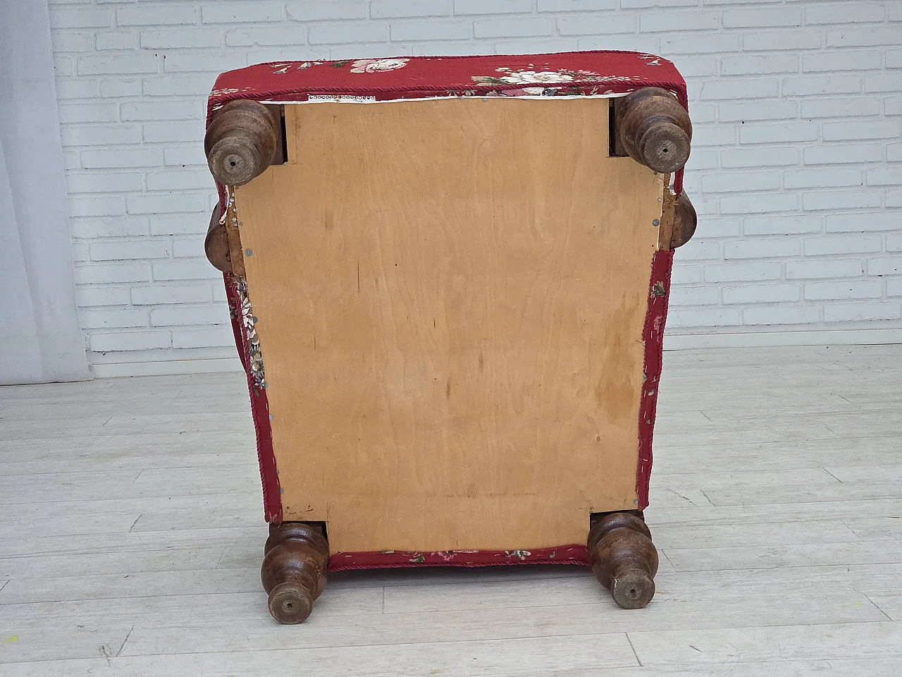 Danish armchair, cotton fabric, carved oak wood, 30s 18