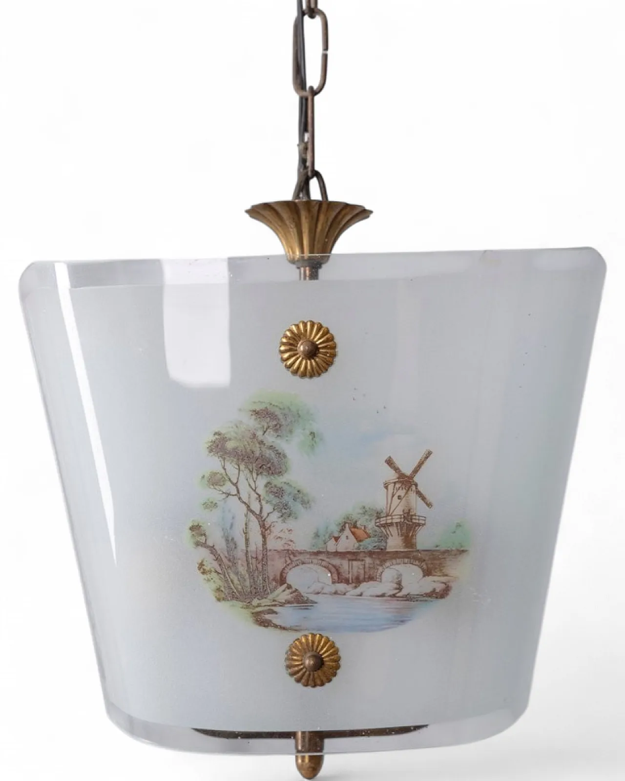 Lampada a sospensione in vetro decorato, anni '50 10